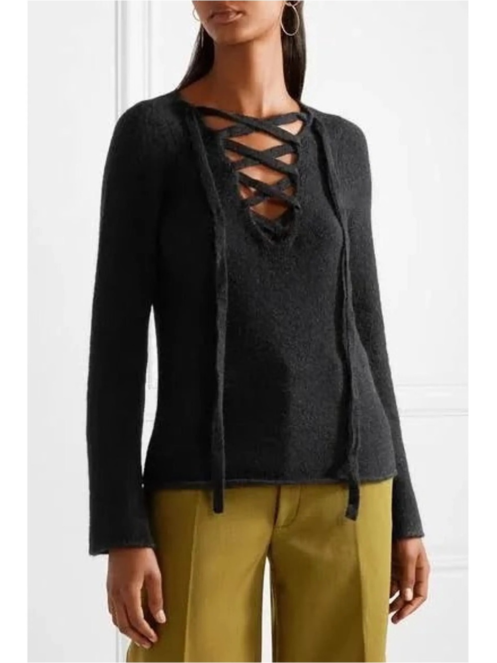 L'AGENCE Black Alpaca Wool Blend Lace Up Bell Sleeve Sweater Small⁠